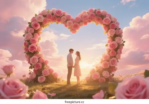 A Romantic Couple Standing Under a Heart-Shaped Rose Arch in a Field