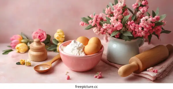 Baking ingredients with floral decoration