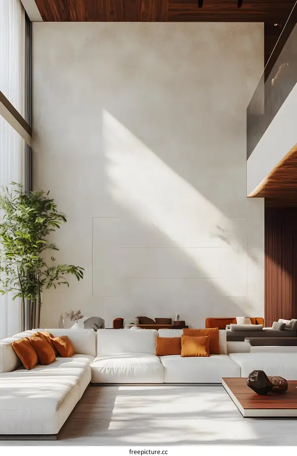 Modern Minimalist Living Room Interior Design with White Sofa and Wooden Ceiling