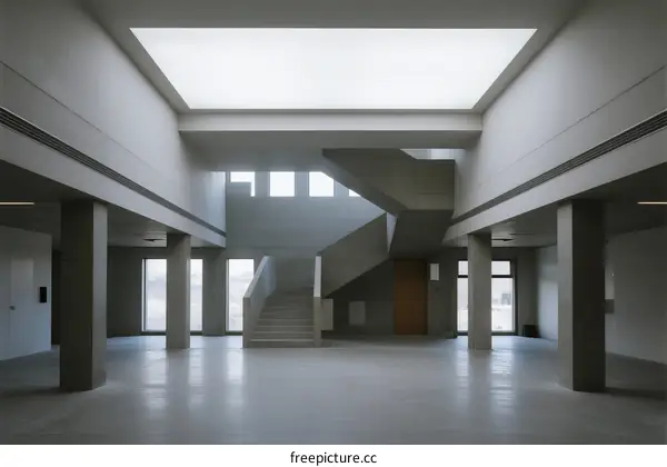 Modern Building Interior with Spacious Hall and Staircase