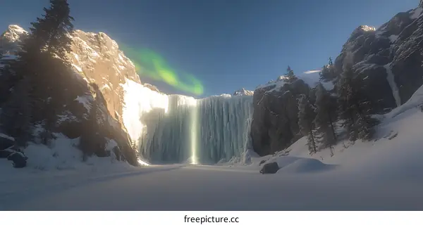 Frozen Waterfall and Northern Lights in a Snowy Landscape