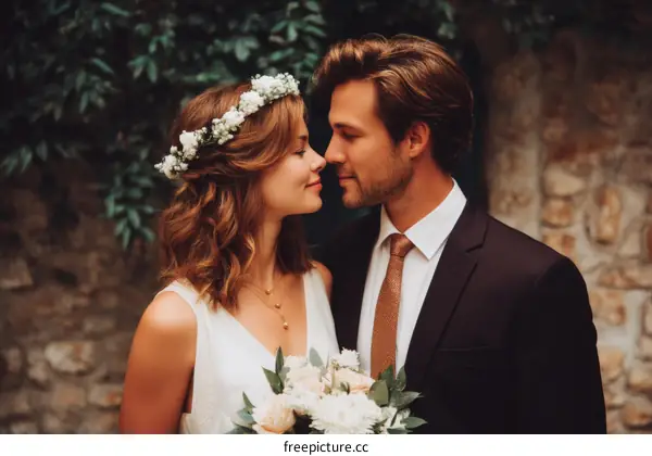 Couple Wearing Wedding Attire Outdoor