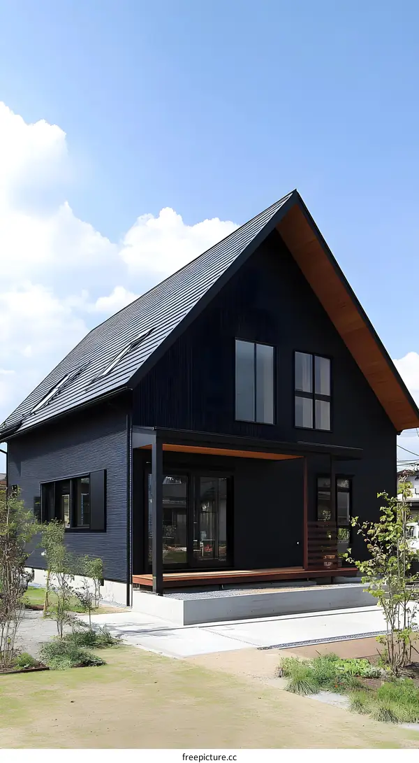 Modern Black House with a Wooden Roof and Large Windows