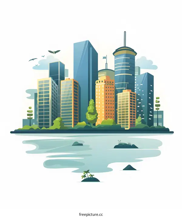 Modern City Skyline Illustration with Buildings, Water and Trees