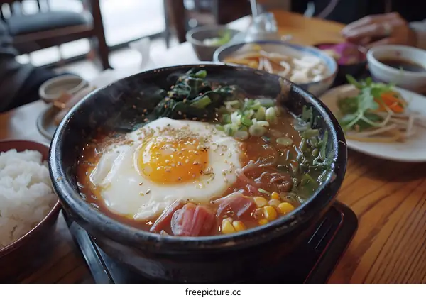 A delicious Korean meal with an egg on top