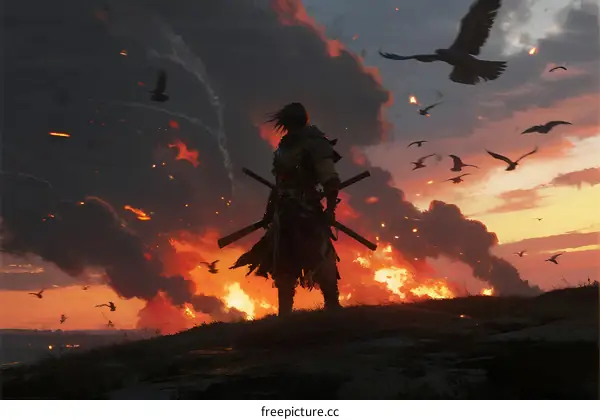 Warrior Stands Amidst Flames with Crows Flying in Dramatic Sky