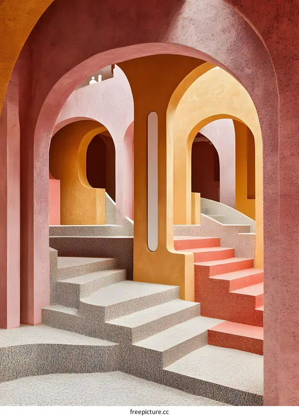 Abstract Architectural Design with Colorful Arched Walls and Steps
