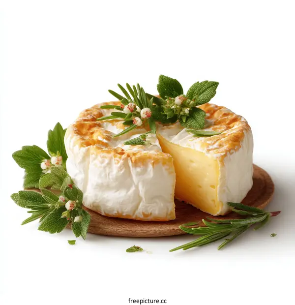 A round baked Camembert cheese with a slice cut out, garnished with rosemary and mint