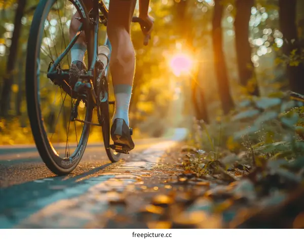 Cyclist riding on a road through a forest