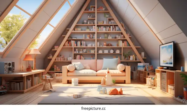 Cozy attic room with sofa and bookshelves