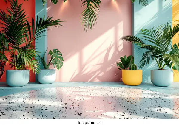 Vibrant Tropical Indoor Scene with Colorful Pots