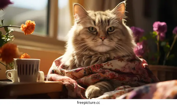 A ginger cat is sitting on a table with flowers and a teacup