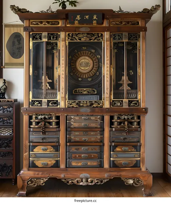 Black and gold Japanese antique furniture with intricate carvings and metal work