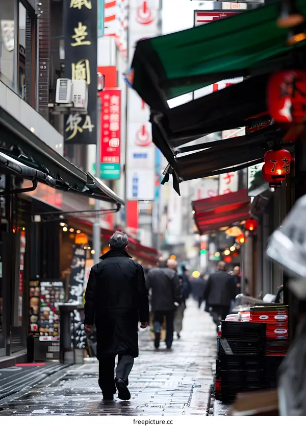 A Man Walking Down a Narrow Street in Japan