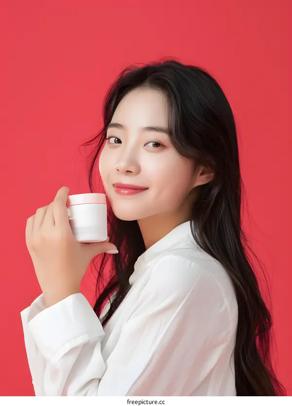 Young Woman Holding Cream Jar On Red Background