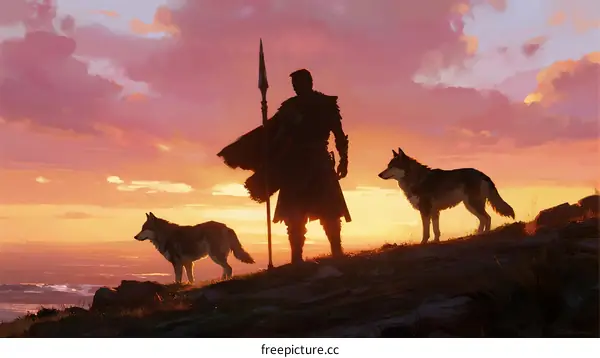 Silhouette of a Warrior Standing with Two Wolves at Sunset