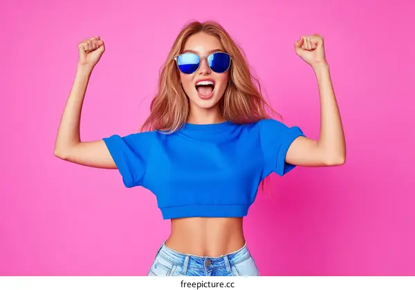 Happy Woman in Blue Crop Top and Sunglasses
