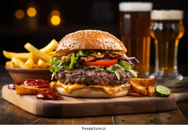 A delicious burger with fries and a glass of beer