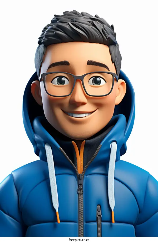 3D illustration of a young man wearing a blue jacket and glasses