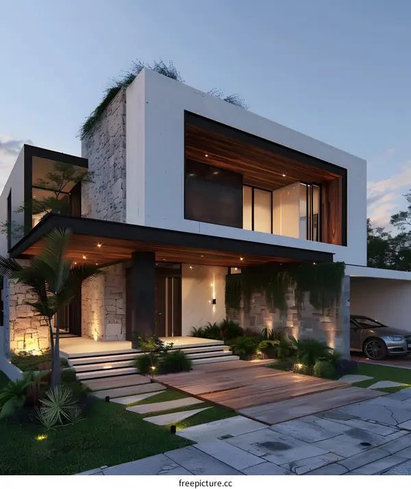 Modern Exterior Design of a Luxury Home with Stone and Wood