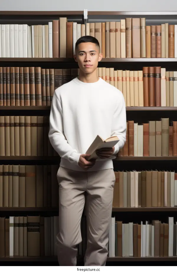 Asian man standing in a library holding a book