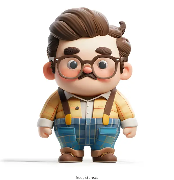 A 3D rendering of a cartoon character with a mustache and glasses