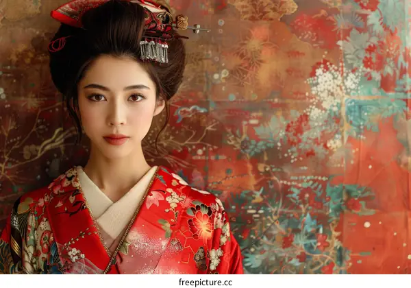 Portrait of a beautiful Japanese woman in traditional kimono