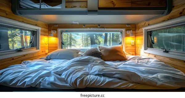A cozy bedroom in a camper van with a view of the forest