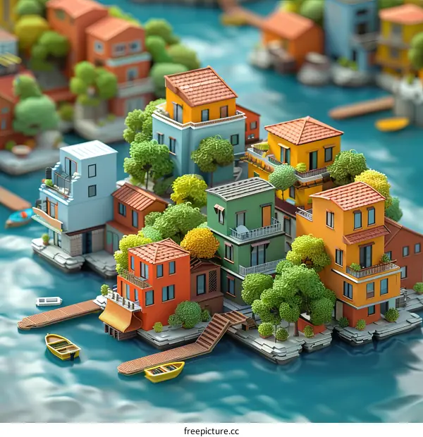 A collection of colorful houses on small islands in the middle of a lake