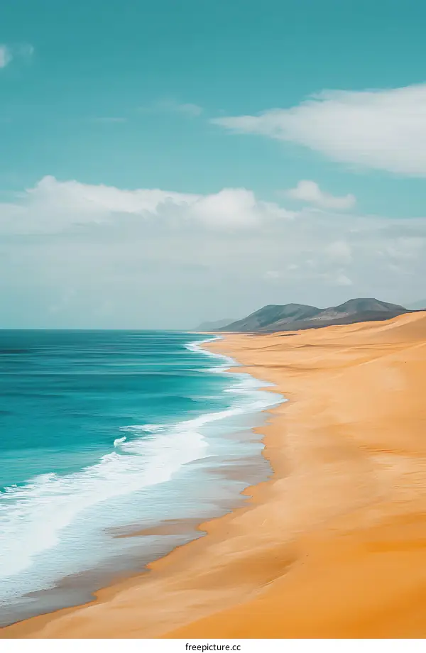 Sandy Beach and Turquoise Ocean with Blue Sky