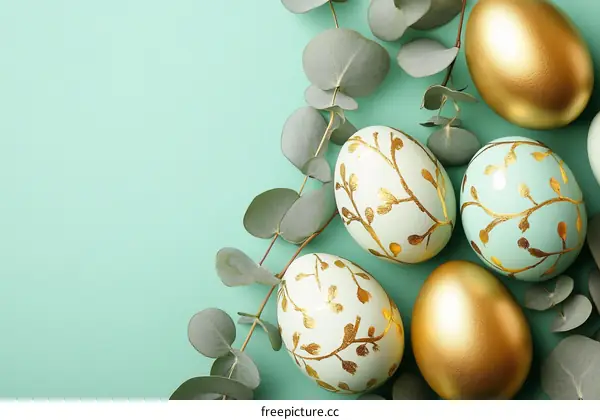 Easter Eggs Decorated with Gold Design on Mint Background
