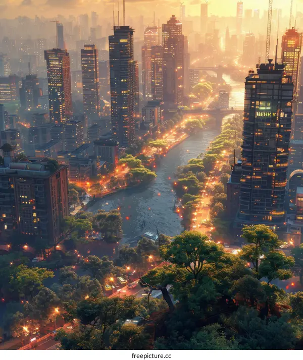 Cityscape at Night with Trees and River