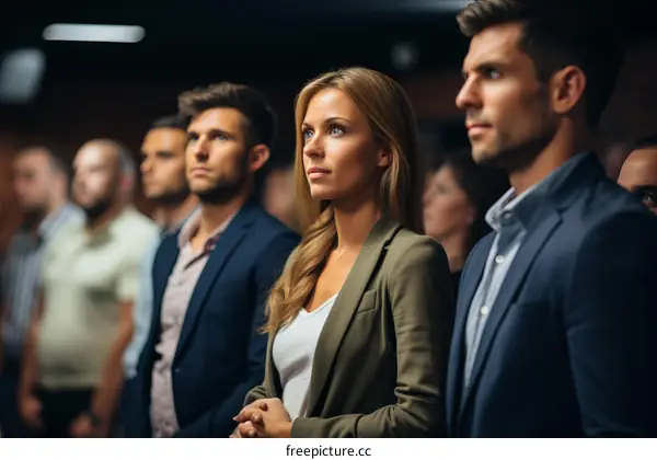 A group of people in a room listening to a speaker