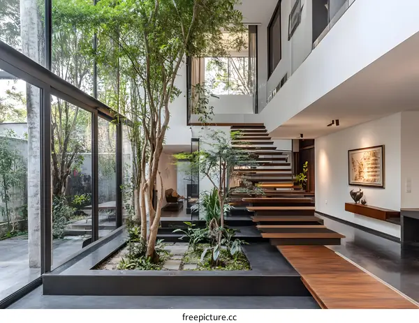Modern Home Design with Indoor Garden and Staircase