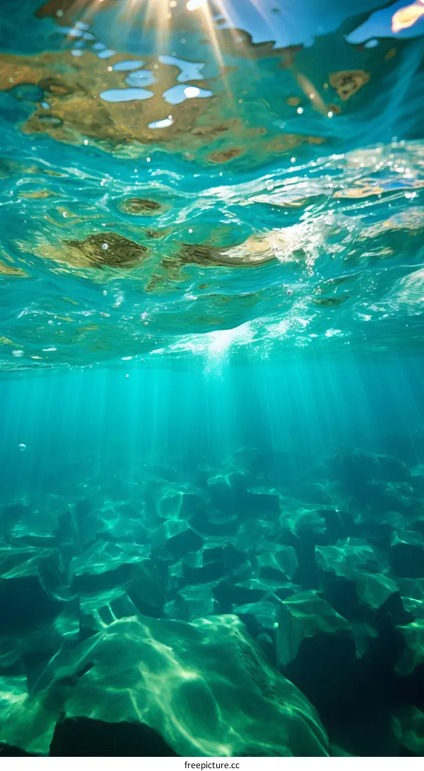 Underwater sunlight shining through the ocean surface