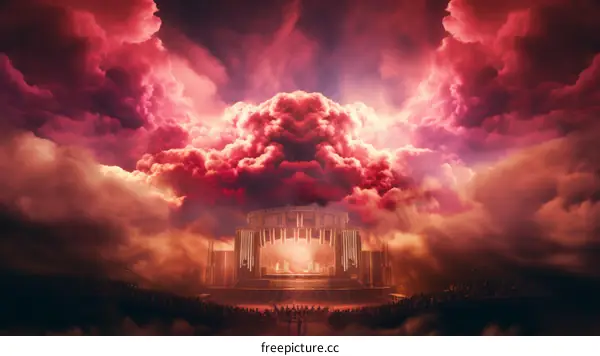 An illustration of a large crowd of people gathered in a stadium watching a concert with a large stage and bright lights