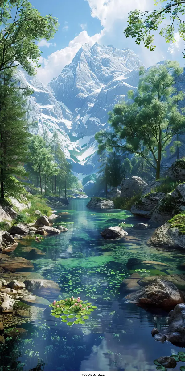 Snow-capped Mountains Reflecting in a Tranquil River Valley