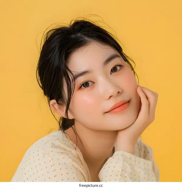 Portrait of a Young Asian Woman with a Yellow Background