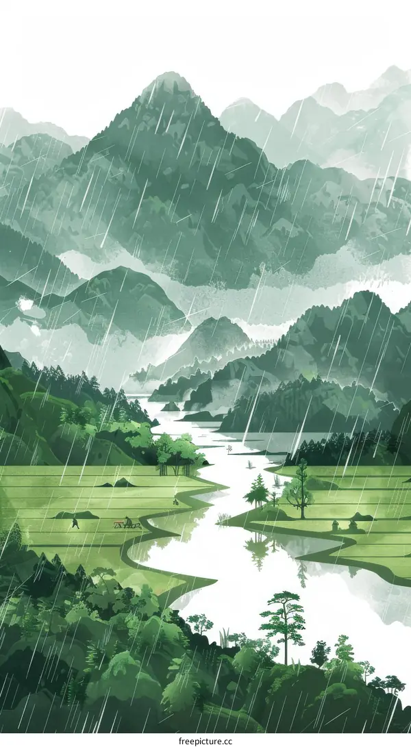 Illustration of a river flowing through a valley with rain falling
