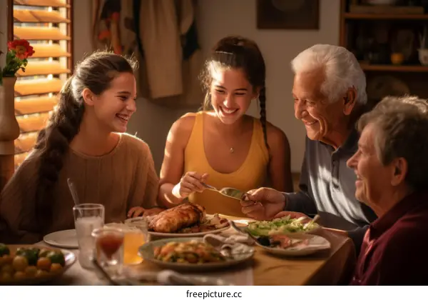 An elderly man and two young women sitting at a table and eating