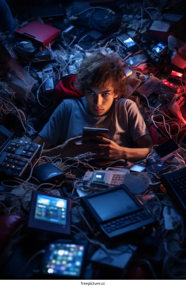Young Man Amidst Electronic Waste