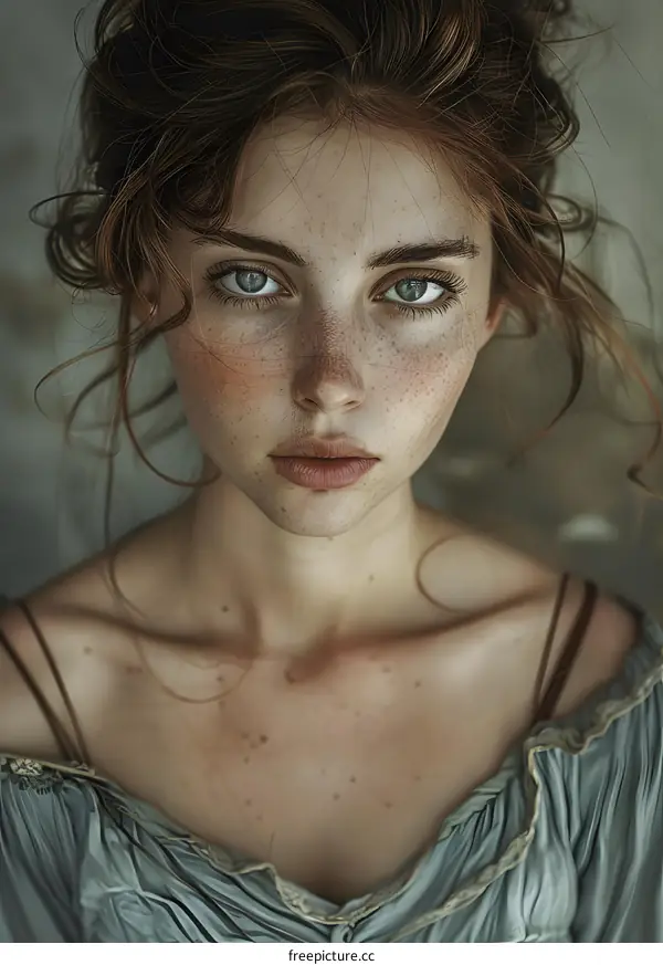 portrait of a young woman with freckles and green eyes