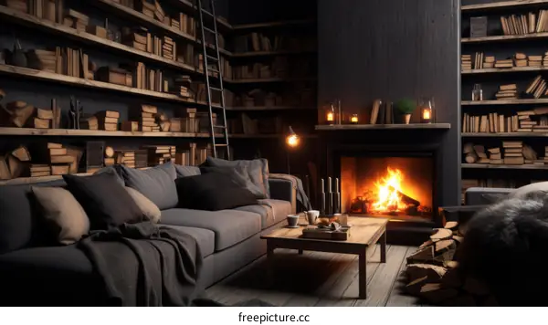 A Library-Themed Living Room with a Fireplace