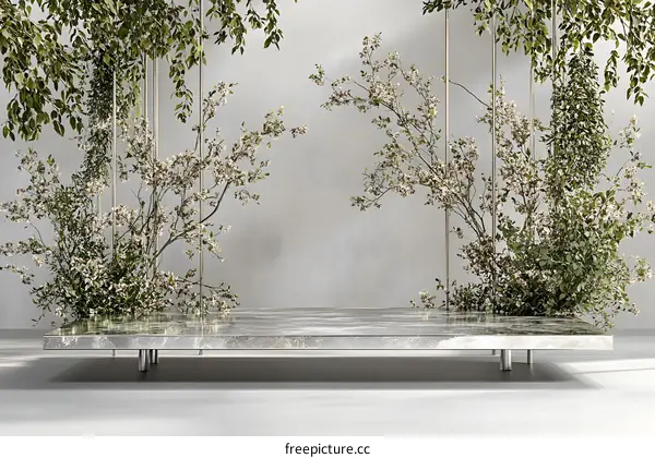 Marble Platform With Green Plants and White Flowers