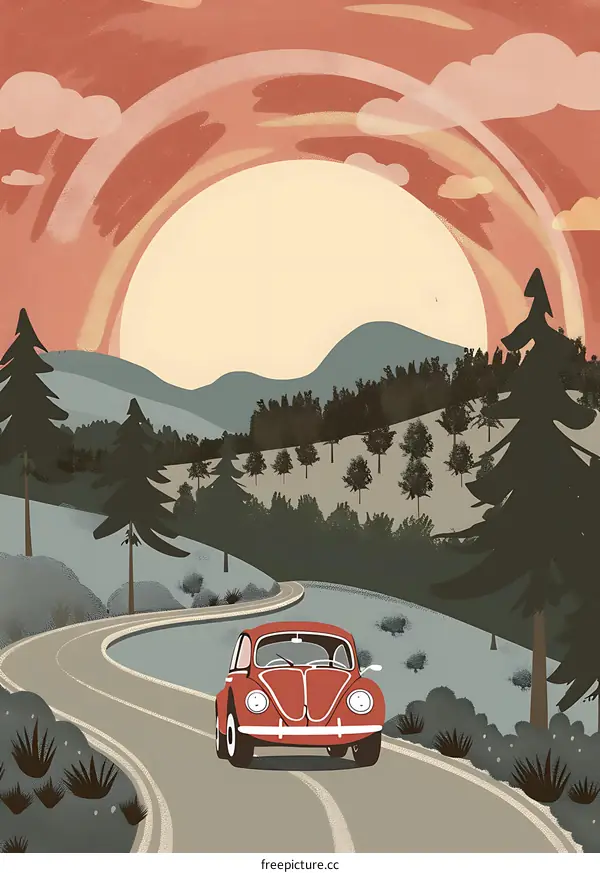 Vintage Red Car Driving Through a Mountain Pass with a Sunset Sky