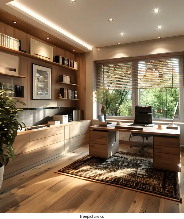 Office interior design with wooden furniture and large windows