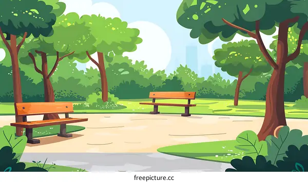 Green Park With Wooden Benches Illustration