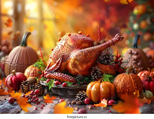 Thanksgiving dinner with roasted turkey, pumpkins, and autumn leaves