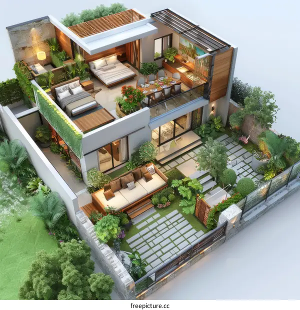 A modern two-story house with a beautiful garden and a swimming pool