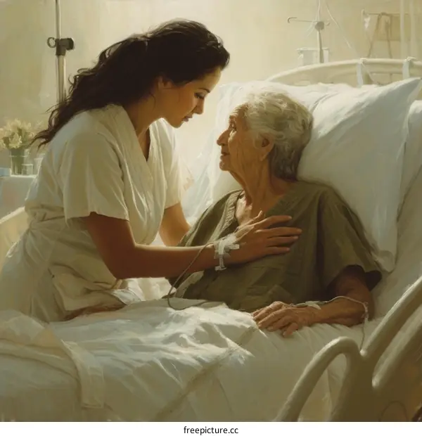 A young woman comforts an elderly woman in a hospital bed
